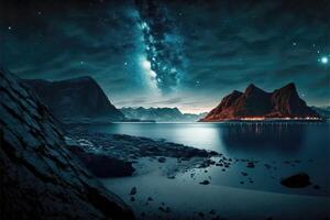 ai généré nuit paysage avec mer et montagnes en dessous de étoilé ciel. photo