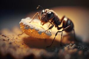 proche en haut réaliste fourmis découverte nourriture, établi avec génératif ai photo