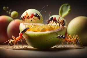 proche en haut réaliste fourmis découverte nourriture plus de coloré des fruits. établi avec génératif ai photo
