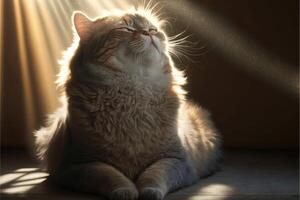 ai généré une chat séance dans une rayon de soleil avec ses yeux fermé. photo