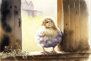 ai généré mignonne poussin dans le cultiver. aquarelle La peinture de poulet ferme animaux. photo