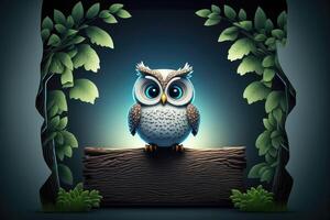 ai généré 3d mignonne hibou dessin animé en portant Vide en bois signe. 3d animal Contexte. adapté pour bannières, panneaux, logos, ventes, rabais, produit promotions, etc. photo