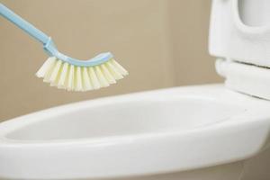 femmes au foyer utilisation une brosse à nettoyer le salle de bains à retirer saleté et prendre se soucier de sanitaire vaisselle. photo