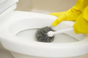 femmes au foyer utilisation brosses à nettoyer le salle de bains et prendre se soucier de sanitaire marchandises. photo