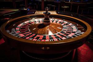 casino roulette proche en haut. roulette roue. jeux d'argent dépendance. établi avec génératif ai photo