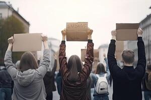 retour vue de agressif gens protester à ville rue. manifestation militants. foule avec élevage poings. en colère gens faire révolution. établi avec génératif ai photo