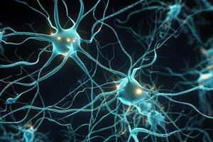 neurone cellules sur abstrait arrière-plan, neural Connexions dans le Humain cerveau, embrasé synapses dans nerveux système. établi avec génératif ai photo