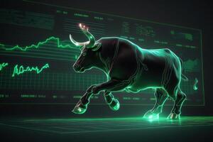 taureau haussier divergence dans Stock marché et crypto devise avec vert graphique Contexte. établi génératif ai photo