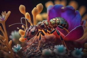 proche en haut réaliste fourmis découverte nourriture plus de coloré fleurs. établi avec génératif ai photo