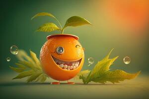 de bonne humeur Orange personnage souriant sur vert Contexte. établi génératif ai photo