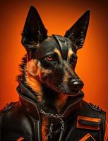 portrait de mal chiens portant veste sur Orange Contexte. établi génératif ai photo