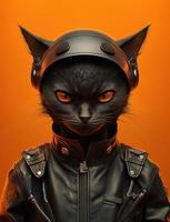 portrait de chat portant noir veste sur Orange Contexte. établi génératif ai photo