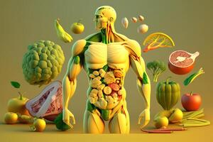 des légumes formant une Humain corps métabolisme et nutrition, en mangeant régime nourriture pour énergie et digestion. établi génératif ai photo