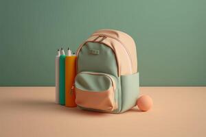 sacs à dos avec école papeterie sur pastel Couleur Contexte. établi avec génératif ai La technologie photo