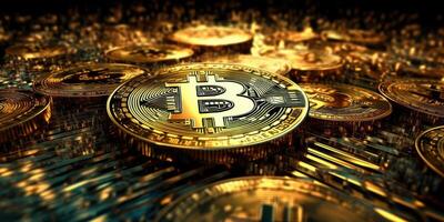 crypto devise d'or bitcoin arrière-plan, financier investissement concept. génératif ai photo