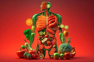 des légumes formant une Humain corps métabolisme et nutrition, en mangeant régime nourriture pour énergie et digestion. établi génératif ai photo