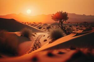 le coucher du soleil dans le désert avec des arbres et le sable dunes. ai généré photo