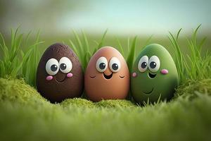 Pâques des œufs avec marrant visages sur vert herbe. 3d illustration photo
