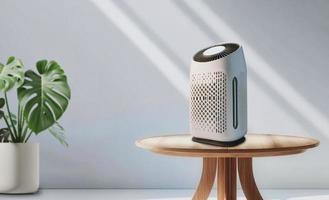 purificateur d'air un salon, purificateur d'air éliminant la poussière fine dans la maison. protéger le concept de poussière et de pollution de l'air pm 2,5 photo