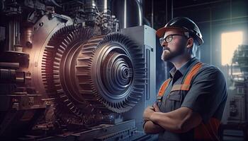 ingénieur dans une moderne usine. industrie 4.0 machine entretien la main d'oeuvre journée et le importance de ouvriers ai généré photo