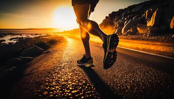 proche en haut jambes coureur fonctionnement sur route lever du soleil bord de mer piste, ai génératif photo