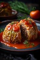 traditionnel farci chou avec haché Viande et riz, servi dans une tomate sauce. photo