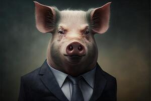 ai généré portrait de porc homme d'affaire. animal tête dans affaires costume. photo