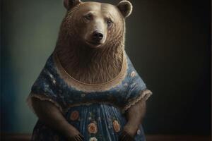 portrait de ours dans une victorien robe. ai généré photo