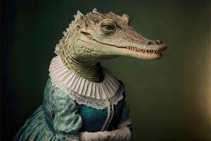 portrait de crocodile dans une victorien robe. ai généré photo