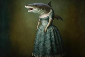 portrait de requin dans une victorien robe. ai généré photo