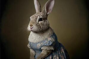 portrait de lapin dans une victorien robe. ai généré photo