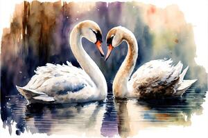 ai généré mignonne couple cygnes dans le Lac aquarelle peinture. photo