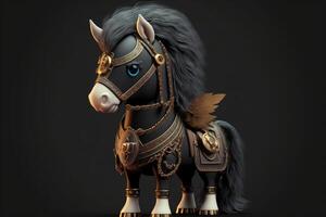 ai généré mignonne cheval dans guerrier mascotte costume sur noir Contexte. 12 chinois zodiaque panneaux horoscope concept. photo