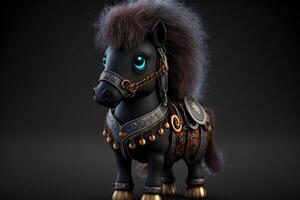 ai généré mignonne cheval dans guerrier mascotte costume sur noir Contexte. 12 chinois zodiaque panneaux horoscope concept. photo