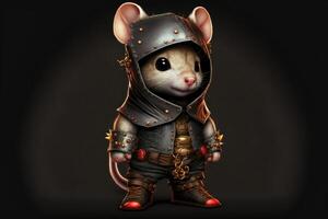 ai généré mignonne rat dans guerrier mascotte costume sur noir Contexte. 12 chinois zodiaque panneaux horoscope concept. photo