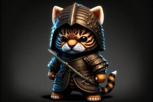 ai généré mignonne tigre dans guerrier mascotte costume sur noir Contexte. 12 chinois zodiaque panneaux horoscope concept photo