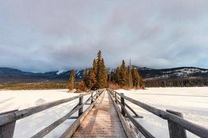 neigeux en bois pont et minuscule pin forêt à pyramide Lac sur hiver dans jaspe nationale parc photo