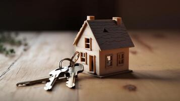 miniature maison avec clés sur en bois Contexte. réel biens concept., ai généré ouvrages d'art photo