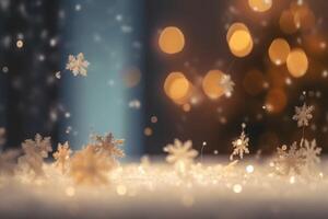 une magnifique Noël Contexte avec étoiles et flocons de neige et doux bokeh lumières établi avec génératif ai technologie. photo