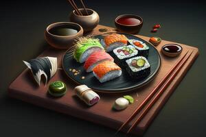 très savoureux Sushi servi sur une foncé en bois assiette avec baguettes et sauces établi avec génératif ai La technologie photo