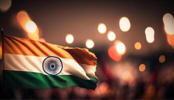 indépendance journée Inde bannière avec une drapeau sur foncé floue Contexte avec feux d'artifice et des trucs ai généré photo