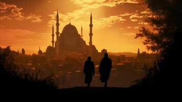 2 les personnes Aller à le mosquée dans Turquie, vue de le ville silhouette exotique et vibrant ai généré photo