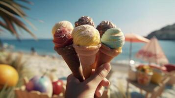 main en portant différent la glace crème les saveurs sur le bord de mer, plage avec paume des arbres, et été ambiance ai généré photo