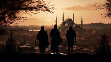 3 les personnes Aller à le mosquée dans Turquie, vue de le ville silhouette exotique et vibrant ai généré photo