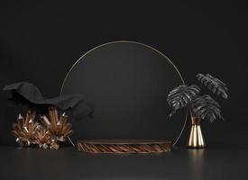 Podium abstrait avec pot de monstera et décoration de cristaux sur fond noir, rendu 3d