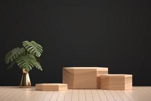 podium en bois pour vitrine de présentation de produit avec décoration de pot monstera, rendu 3d photo