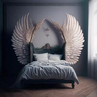 illustration lit avec ange ailes fabriqué avec génératif ai photo