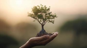 artistique mains embrasse la nature beauté en portant arbre plus de flou Contexte photo