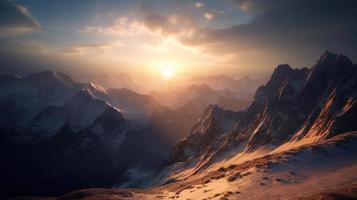 le coucher du soleil dans le montagnes. lever du soleil dans le montagnes. magnifique hiver paysage, montagne paysage à le coucher du soleil. panoramique vue de le montagnes photo