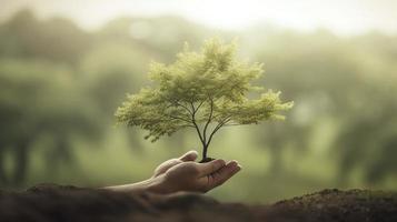 artistique mains embrasse la nature beauté en portant arbre plus de flou Contexte photo